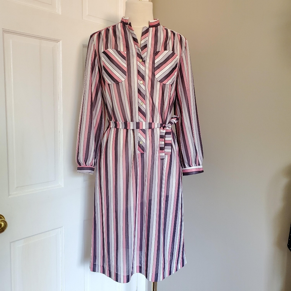 vintage stripe shirt dress Midi belted 70s Purple Long Sleeve Sheer Button Up
